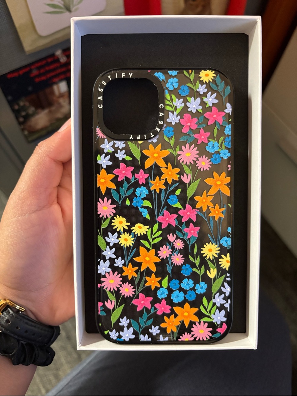 Casetify IMPACT Black Floral iPhone 14 Case with Pink Orange Blue Yellow Flowers